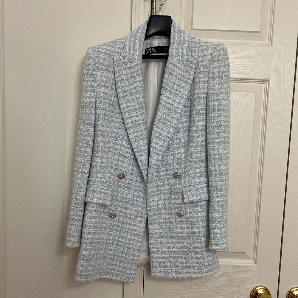 Zara Tweed Blue Double Breasted Blazer